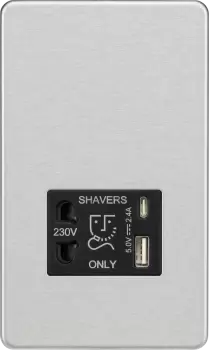 Knightsbridge Shaver socket with dual USB A+C (5V DC 2.4A shared) - brushed chrome with Black insert - SF8909BC