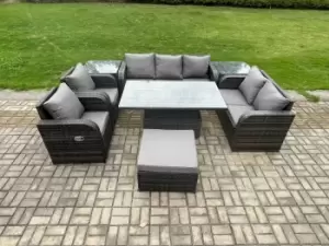 Fimous 7 Seater Outdoor Dark Grey Rattan Lounge Complete Sofa Set with Height Adjustable Dining Table