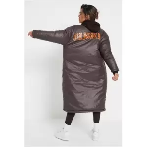 I Saw It First Chocolate Maxi Length Padded Jacket With Original Printed Back - Brown