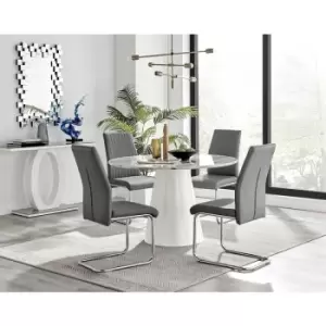 Furniturebox Palma White Marble Effect 120cm Round Minimalist Dining Table & 4 Grey Lorenzo Silver Leg Faux Leather Chairs