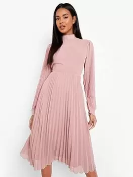 Boohoo Pleated High Neck Skater Midi Dress - Rose, Pink, Size 14, Women