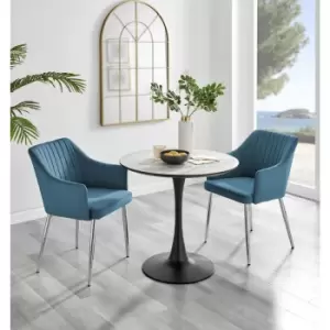 Furniturebox UK - Furniturebox Elina White Marble Effect Modern 80cm Round Dining Table & 2 Blue Calla Silver Leg Velvet Chairs