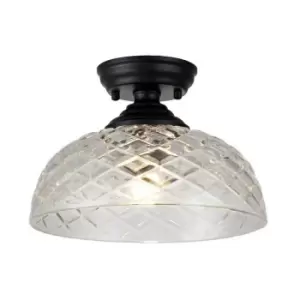 Luminosa Talisa Flush Ceiling Lamp E27 With Flat Round 30cm Patterned Glass Shade Matt Black, Clear