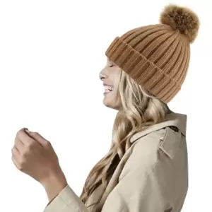 Beechfield Pom Pom Faux Fur Chunky Knit Beanie (One Size) (Mustard Yellow)