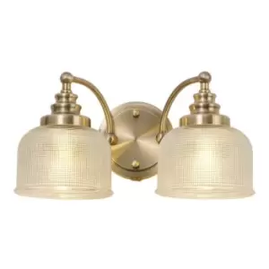 Luminosa DeRuyter Switched Wall Lamp 2 Light E27 Antique Brass, Prismatic Glass