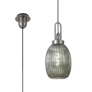 Yorktown Ceiling Pendant E27 20cm Almond Ribbed Glass, Smoked Antique Silver, Black