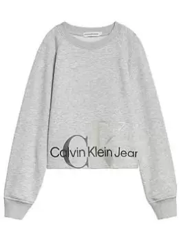 Calvin Klein Jeans Girls Mixed Monogram Cut Off Sweatshirt - Light Grey, Light Grey, Size Age: 8 Years, Women