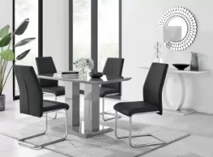 Imperia Grey High Gloss 4 Seater Dining Table with Structural 2 Plinth Column Legs 4 Soft Faux Leather Lorenzo Chairs