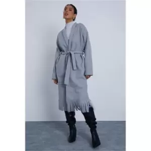 I Saw It First Grey Wool Belted Fringe Hem Coat - Grey