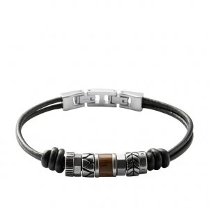 Fossil Mens Black Leather & Steel Rondell Bracelet