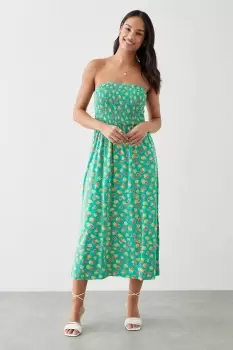 Green Ditsy Shirred Bodice Bandeau Midi Dress