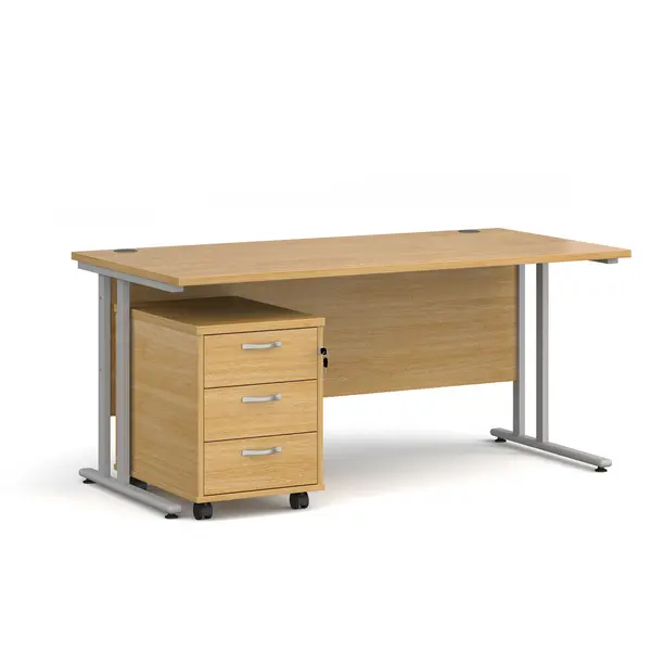 Maestro 25 Straight Desk Silver Frame Oak Table Top and 3 Drawer Pedestal - 1600mm