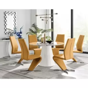 Furniturebox Palma White Marble Effect 120cm Round Minimalist Dining Table & 6 Mustard Willow Silver Feet Faux Leather Chairs