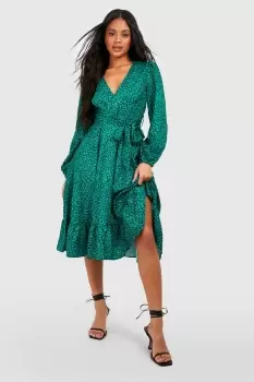 Animal Ruffle Wrap Midi Dress