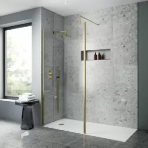 Nuie - Outer Framed Wetroom Screen 1200mm w x 1850mm h with Support Bar 8mm Glass - Brushed Brass