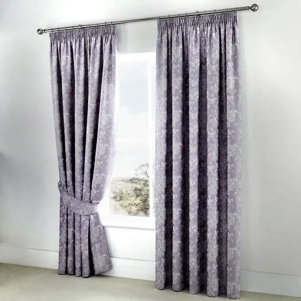 Dreams & Drapes 'Jasmine' Floral Jacquard Weave Pair of Lined Pencil Curtains with Tie-backs Lavender