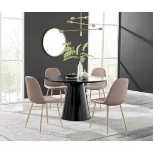 Furniture Box Palma Black Semi Gloss Round Dining Table and 4 Cappuccino Corona Gold Leg Chairs