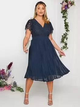 Yours Curve Occasion Lace Wrap Pleat Midi Dress, Navy, Size 16, Women