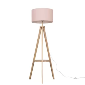 Morrigan Light Wood Tripod Floor Lamp with XL Pink Reni Shade