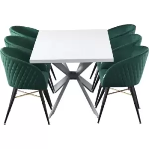 Life Interiors - 7 Pieces Vittorio Duke Dining Set - a White Rectangular Dining Table and Set of 6 Green Dining Chairs - Green