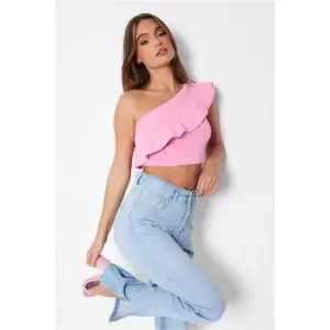 I Saw It First Pink Frill Edge One Shoulder Knitted Crop Top - Pink