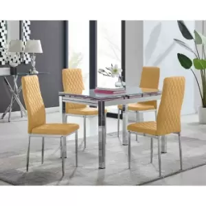 Furniture Box Enna White Glass Extending Dining Table and 4 Mustard Velvet Milan Chairs