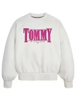 Tommy Hilfiger Girls Tommy Sateen Logo Sweat Top - Ivory, Ivory, Size Age: 14 Years, Women