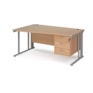 Office Desk Left Hand Wave Desk 1600mm With Pedestal Beech Top With Silver Frame Maestro 25 MCM16WLP3SB