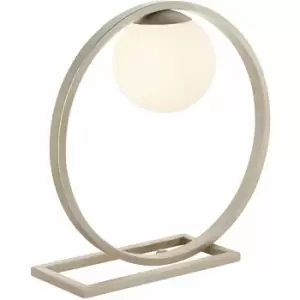 Brushed Silver Table Lamp Light - Gloss Opal Glass Shade - Circular Hoop Design