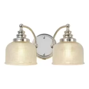 Luminosa DeRuyter Switched Wall Lamp 2 Light E27 Polished Nickel, Prismatic Glass