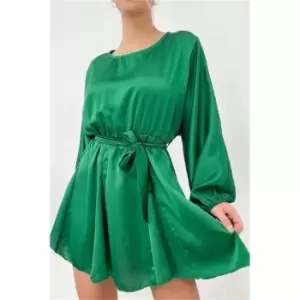 I Saw It First Green Petite Satin Belted Blouson Sleeve Skater Dress - Green