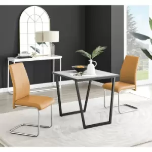 Furniturebox Carson White Marble Effect Square Dining Table & 2 Mustard Lorenzo Faux Leather Chairs