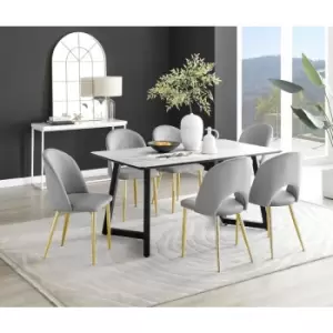 Furniturebox Carson White Marble Effect Rectangular 160cm Dining Table& 6 Grey Arlon Gold Leg Velvet Chairs