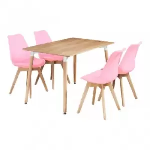 5 Pieces Retro and Modern Scandinavian Dining Set - a Halo Oak Dining Table & Pink Dining Chairs Set of 4 - Pink