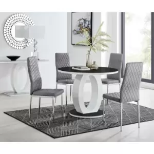 Furniturebox UK - Furniturebox Giovani Black 100cm Round Dining Table and 4 Grey Velvet Milan Dining Chairs With Silver Legss