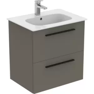 Ideal Standard i. life A Double Drawer Wall Hung Unit with Basin Matt 600mm with Matt Black Handles in Quartz Grey