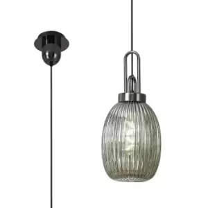 Yorktown Ceiling Pendant E27 With 20cm Almond Ribbed Glass, Smoked Black Chrome, Matt Black