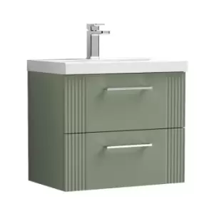 Nuie Deco Satin Green 600mm Wall Hung 2 Drawer Vanity Unit with 50mm Profile Basin - DPF893D - Satin Reed Green