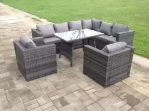 Fimous 8 Seater Outdoor Dark Grey Rattan Corner Sofa Set with Dining Table