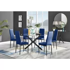 Furniturebox UK - Furniturebox Novara Black Leg 120cm Round Glass Dining Table & 6 Navy Milan Velvet Dining Chairs With Black Legs Diamond Stitch