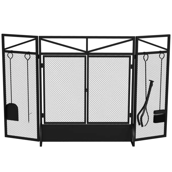 HOMCOM 3 Panel Folding Fire Guard Screen w/ Fireplace Tool Sets, Front Doors, Freestanding Fire Screen Spark Guard w/ Feet, Black