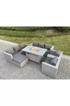 Fimous 8 Seater Light Grey Rattan Lounge Complete Sofa Set with Gas Fire Pit Dining Table and Big Footstool