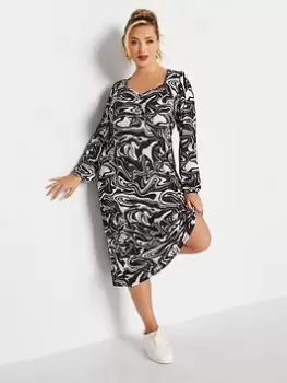 Yours Ruched Midaxi Dress Mono Swirl, Black, Size 16, Women