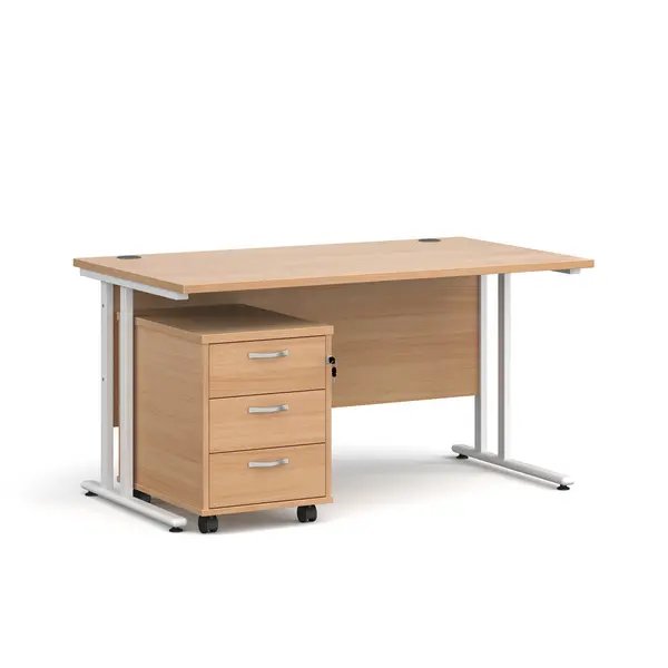 Maestro 25 Straight Desk White Frame Beech Table Top and 3 Drawer Pedestal - 1400mm