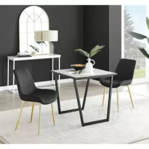 Furniturebox Carson White Marble Effect Square Dining Table & 2 Black Pesaro Gold Leg Velvet Chairs