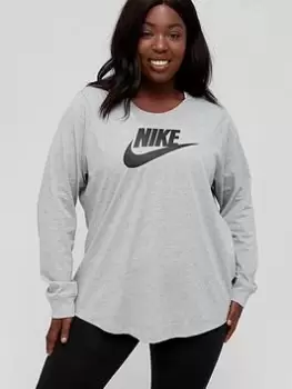 Nike NSW Essential Icon Futura Long Sleeve Top (Curve) - Dark Grey Heather, Size 22-24=2X, Women