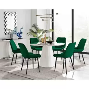 Furniture Box Palma White Marble Effect Round Dining Table and 6 Green Pesaro Black Leg Chairs