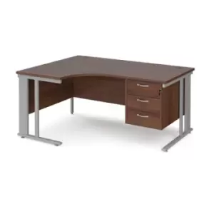 Office Desk Left Hand Corner Desk 1600mm With Pedestal Walnut Top With Silver Frame 1200mm Depth Maestro 25 MCM16ELP3SW