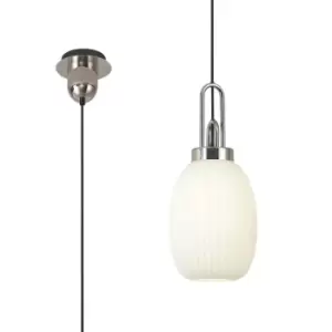 Yorktown Ceiling Pendant E27 With 20cm Almond Ribbed Glass, Opal Polished Nickel, Matt Black