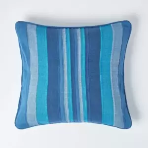 Cotton Striped Blue Cushion Cover Morocco , 45 x 45cm - Blue - Homescapes